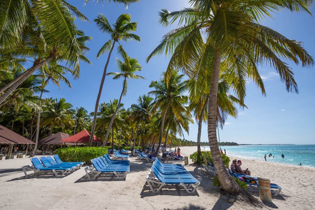Caribbean: coconut palms and sun loungers on a white sand beach edged with turquoise water