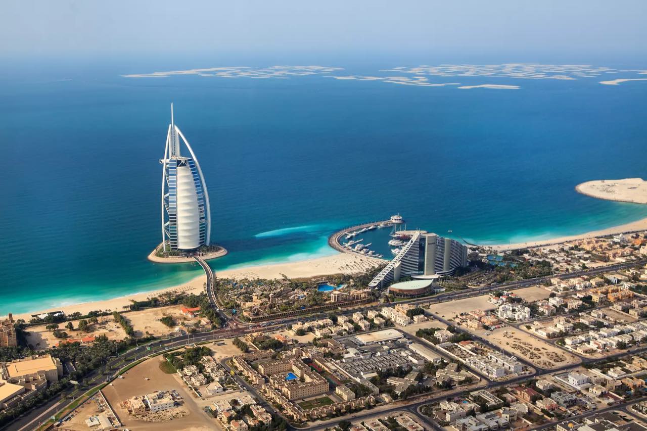 Dubai: aerial view of the Burj Al Arab and Jumeirah beach